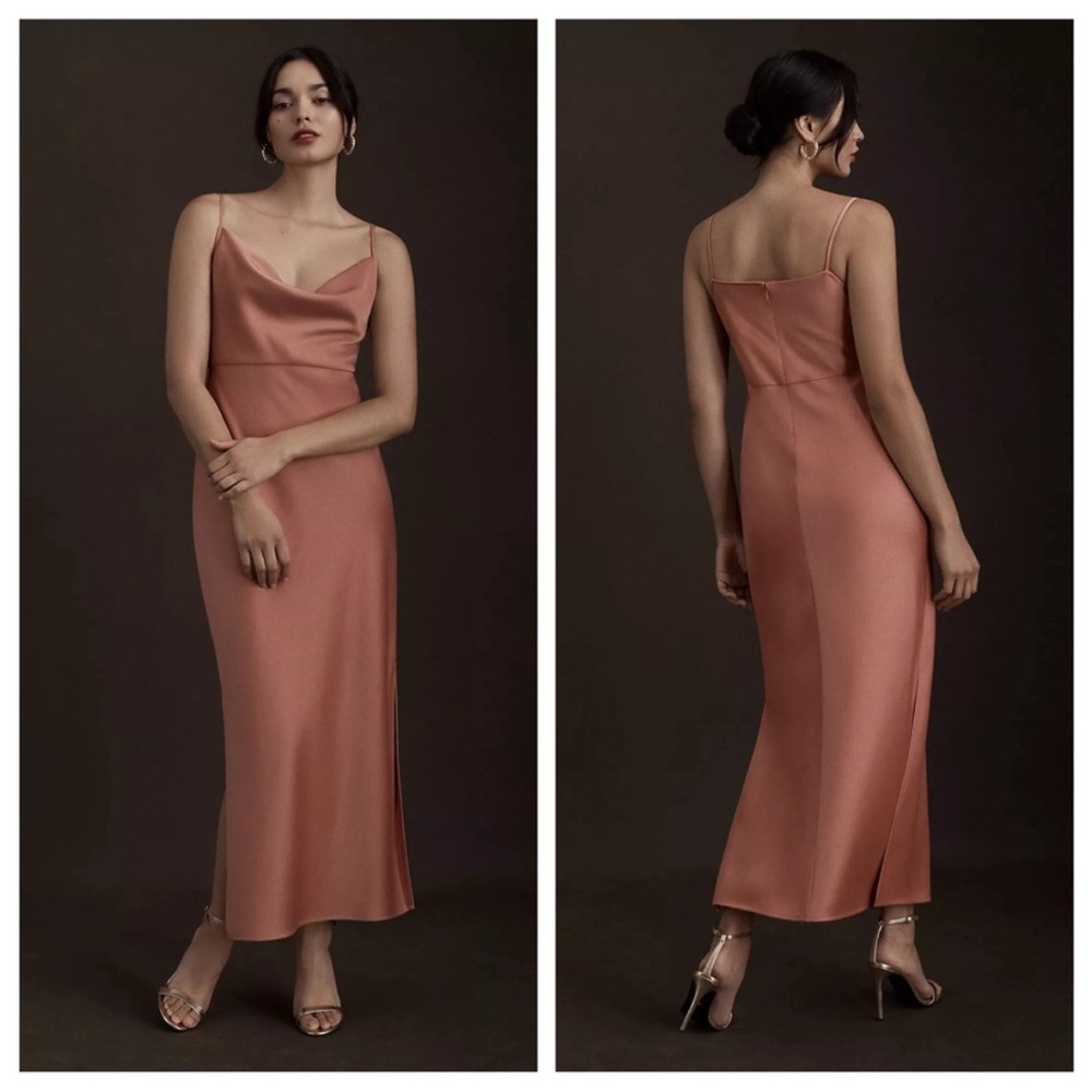 BHLDN Satin Midi Dress in Sedona Sunset Cali Satin Cowl Neck